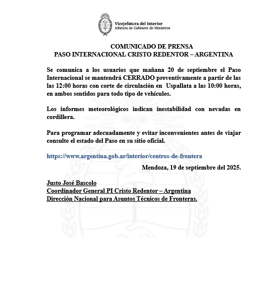 Screenshot 2025-09-19 at 21-27-07 Anunciaron el cierre preventivo del Paso Cristo Redentor para este sábado cuándo podría reabrir